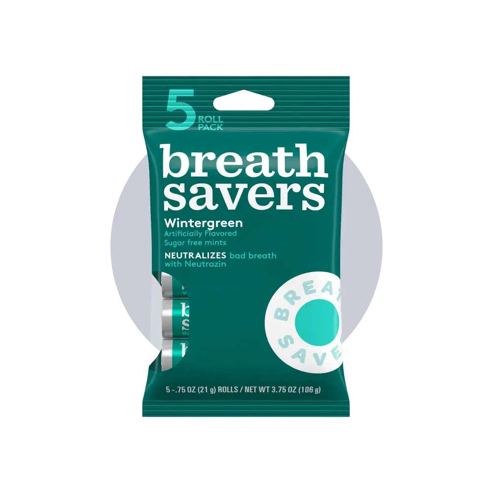 bag filled with rolls of breath savers wintergreen sugar free mints