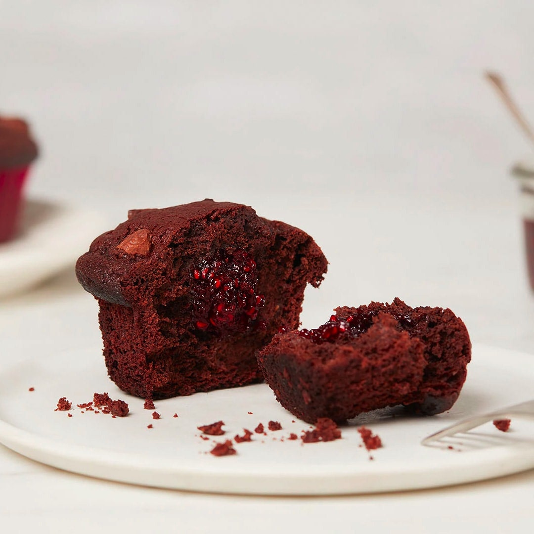Jammy chocolate muffins on plate