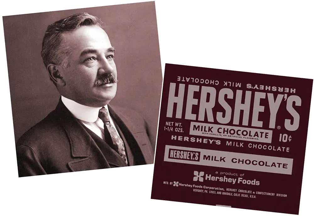 milton hershey headshot paired with vintage packaging label