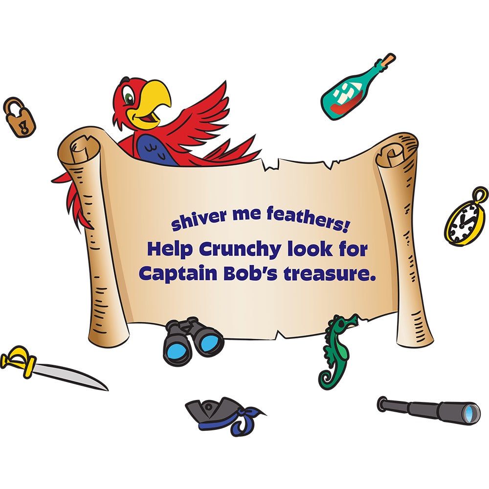 crunchy the parrot surrounded by a map and treasure items