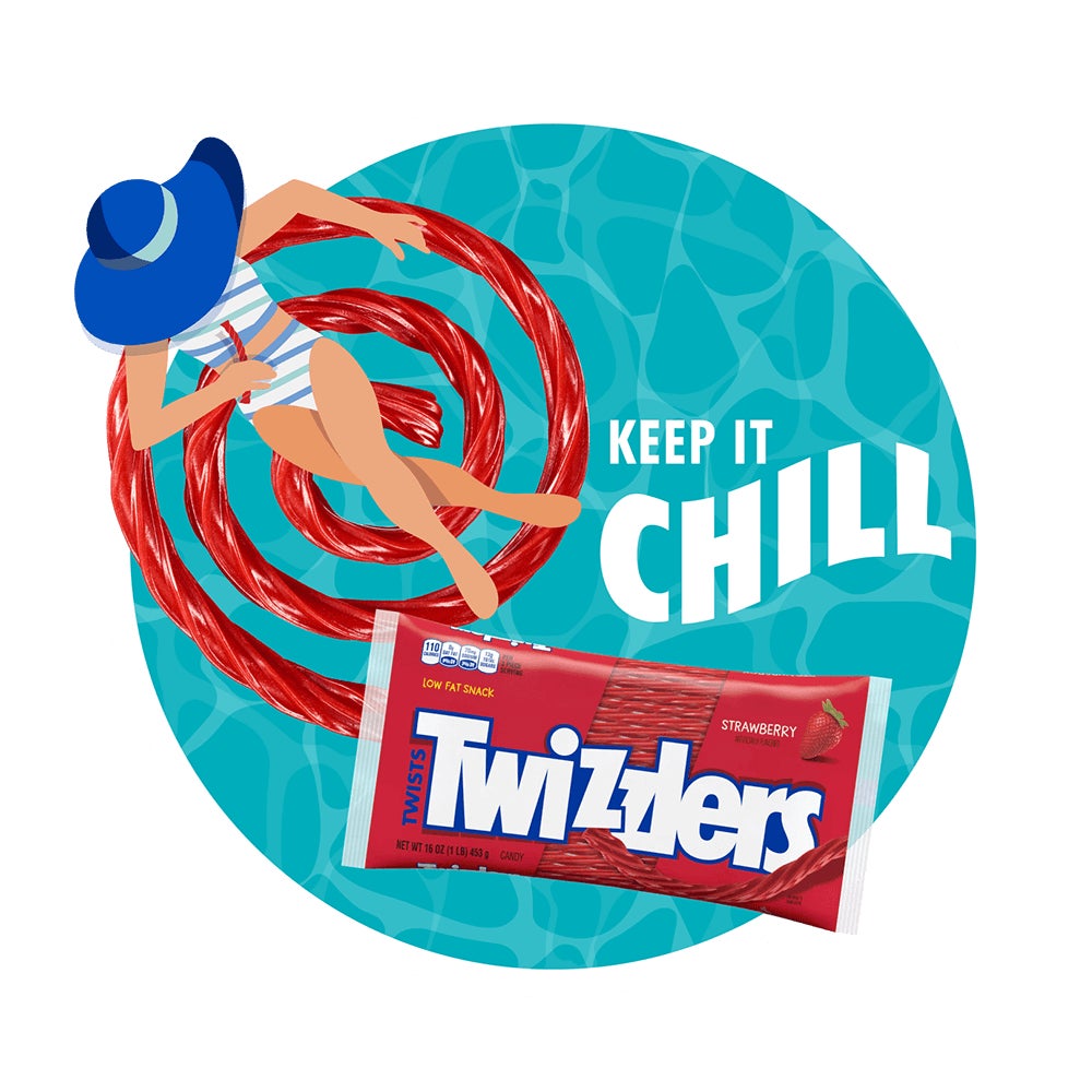 illustration of a woman relaxing in a pool while floating on a twizzlers twist