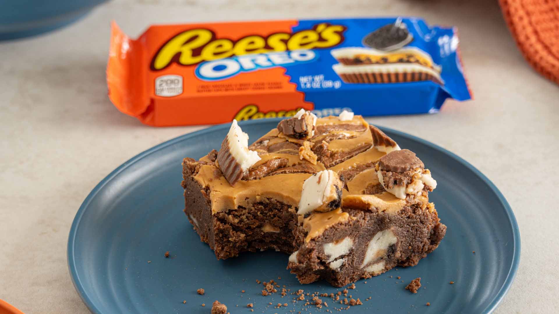 plate of reeses oreo cup brownies