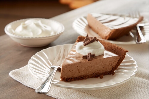 plated slice of chocolate pie