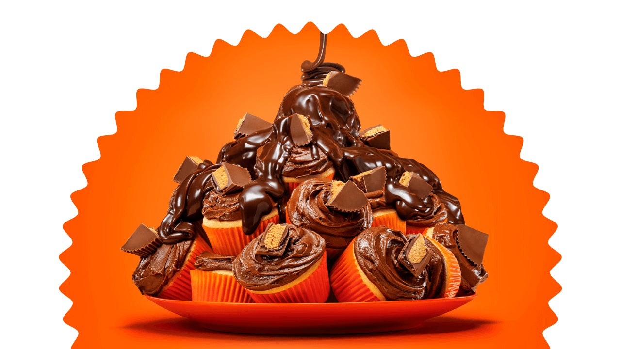 plate of reeses chocolate lava cupcakes topped with melted chocolate