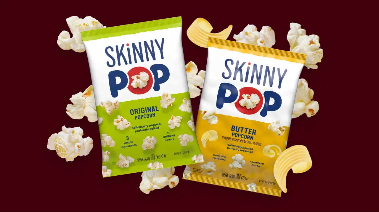 bags of skinnypop original and butter flavored popcorn