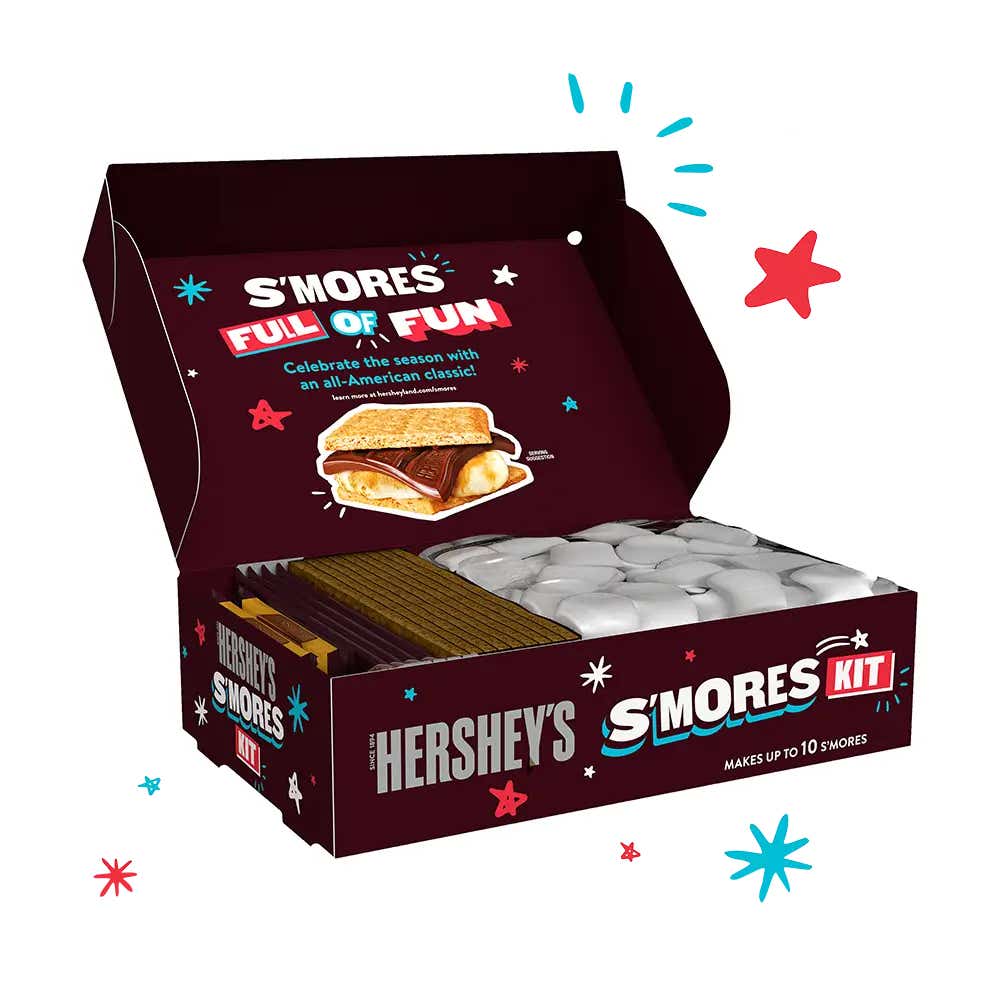 smores kit featuring hersheys milk chocolate candy bars, marshmallows, and graham crackers